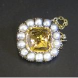 A Georgian Foil Back Citrine? and Pearl Brooch in an unmarked gold setting, 19.5mm square, 6.2g