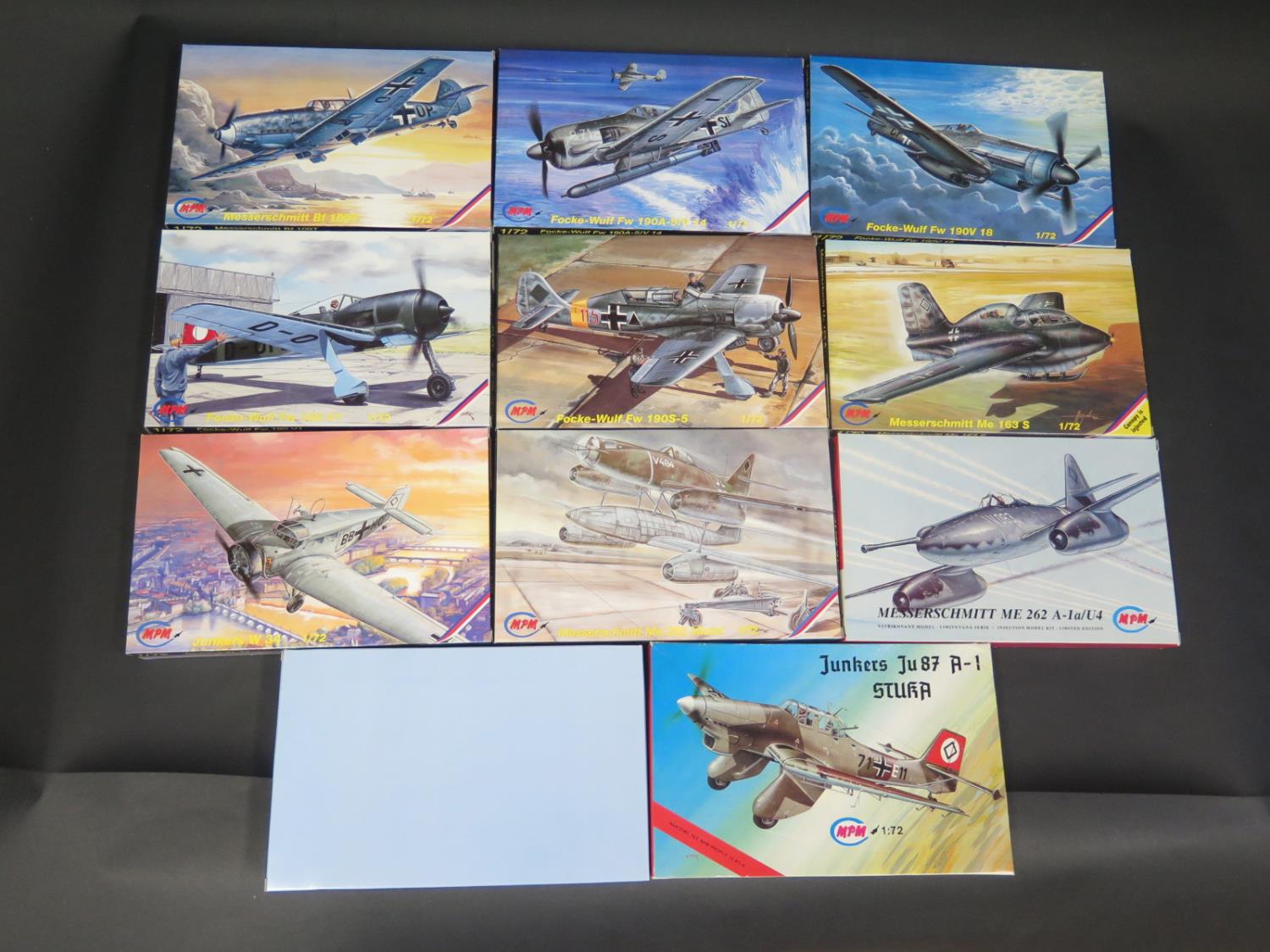 Eleven MPM WWII German War Plane Kits 1/72 Scale. Including, Messerschmitt, Junkers and Focke-