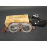 A Pair of R.A.F. Mk. VIII Goggles in original stores box, military Mark 5 case spectacles and Ronson