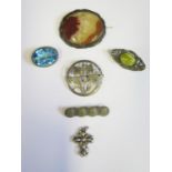 A Sterling Silver and Marcasite Brooch, agate brooch, cross pendant etc.