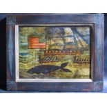 A Naive Whaling Scene with 14 star US flag, oil on panel, 35x26.5cm, framed