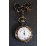 A Ladies Niello Engraved Fob Watch on ribbon brooch, 29mm diam., running