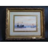 Thames Shipping at Sunset, unsigned watercolour, 39x26cm, framed & glazed
