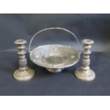 A Pair of Loaded Silver Plated Candlesticks, 19cm and swing handled dish