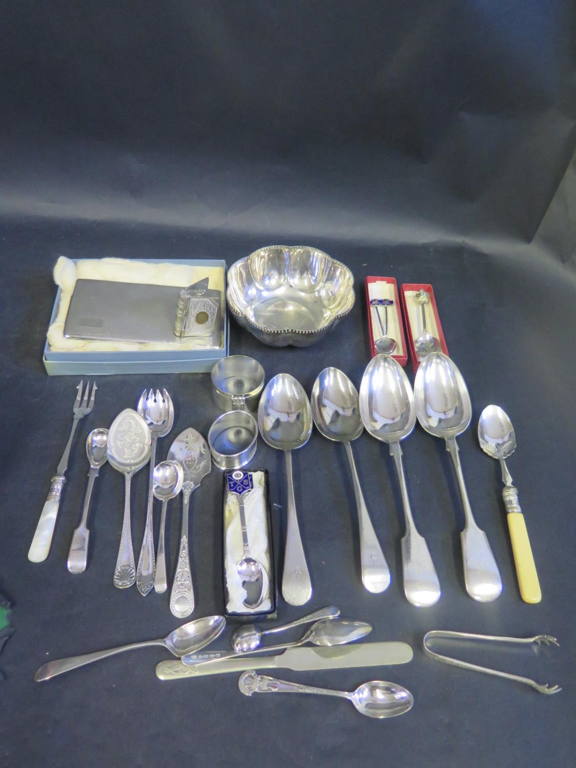 A Silver Napkin Ring, silver flatware, plated engine turned cigarette case and other plate, 79g