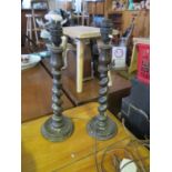 A Pair of Oak Barley Twist Table Lamps, 43cm high