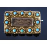 A Georgian Gold and Turquoise Mounted Memorial Brooch set with panel of platted hair,28x17mm, 5.1g