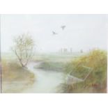 Noel Dudley (1896-1975), Ducks over Meandering River, watercolour, 35x26cm, framed & glazed