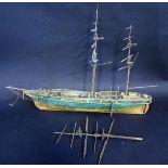 A Wooden Model Ship, 55cm. A/F and reproduction boson's whistle in wooden case