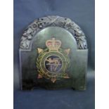 An Antique Leicestershire Regiment 17th Battalion Carved and painted Oak Plaque, 49.5cm wide