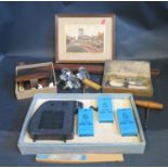 Boxed Projector De-Luxe, micrometer, playing cards, crystal door knobs etc.