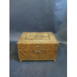 A Fitted Straw Work Box with compartmentalised lift out tray, the top decorated with buildings and