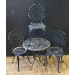 A Painted Aluminium Bistro Set with three chairs and parasol base