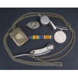 A Military Bossun's Whistle, WWII medal, vesta, ACME Thunderer whistle etc.