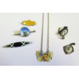 Three Sterling Silver and Enamel Brooches, silver pendant and two other enamels