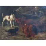 Dog and Bitch suckling Puppies, indistinct signature, 19th century oil on canvas, 36x28cm, heavy