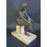 A Bronze Sculpture of A Seated Nude Lady on a limestone base, impress VR 1979, 33cm