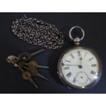 A Silver Cased Pocket Watch (A/F), silver necklace 24.7g and four watch keys