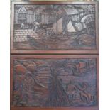 A Pair of G. Solf 1989 Carved Oak Panels _ one depicting the unloading of barrels and other