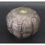 An Asian White Metal Shaped Ovoid Box with yellow metal top, 6.5cm diam., 50g