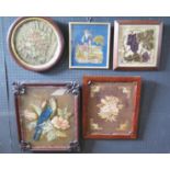 Four Victorian Needlework Picture and one other, largest, 46x39.5cm