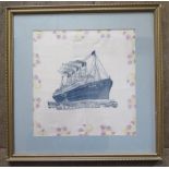 R.M.S. AQUITANIA, printed silk handkerchief, 21.5x 22cm, framed & glazed