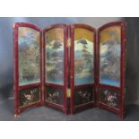 A Chinese Hand Painted Four Fold Screen, 46cm tall. Faults