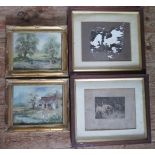 A Pair of Pencil Signed Dog Engravings (framed & Glazed) and pair of Pat Langton oils on board,
