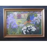 Andrea Bates (nee Bartok), Cottage Garden, oil on board, 90x59cm, framed & glazed. LIBERTY headed