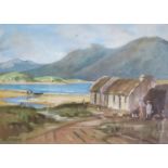 After Frank Mkelvey, Mountain and Lake scene with Crofters Cottage in Foreground, Print with