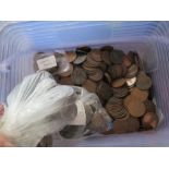 A Box of Copper Coins including Half Pennies, American Cents, Victorian and later Pennies,