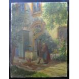 Holzapfel, Monk sweeping courtyard, oil on canvas, 39x29cm, A/F