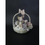 A Lladro Kitten and Floral Basket Ornament, c. 14cm high