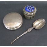 An Edward VII Silver Pot Birmingham 1903 58mm diam., silver spoon (45g sterling) and white metal pot
