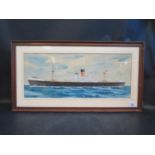 Clavero Sebastian Barcelona 28-2-1956, GLOUCESTER, ship watercolour, 52x22cm, framed & glazed