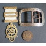 A Masonic Silver Gilt Jewel, Operative Lodge penny and 19th century continental silver buckle