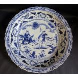 A Large Chinese Republican Period Blue and White Porcelain Shallow Dish painted with warriors in a