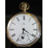 An OMEGA Open Dial Keyless Pocket Watch in gold plated case, movement engraved Labrador, enamel dial