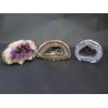 An Amethyst Crystal Sample (15cm), amethyst geode half and one other