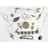 A Selection of Silver Jewellery including scarab beetle necklace and Thai niello silver brooch