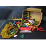 A Selection of Wooden and plastic toys, glass marbles and Hohner Harmonica