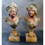 A Pair of Art Nouveau Spelter Female Busts on alabaster columns, 14.5cm