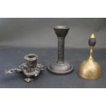A Victorian Exeter Branch Table Bell (13cm), cast iron decorative chamberstick and iron patented