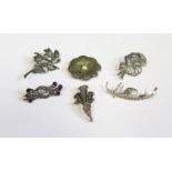 Six Silver and Marcasite Mounted Brooches
