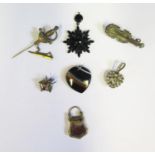 Seven Antique Brooches, Pendants etc. including micro mosaic pin and banded agate pendant