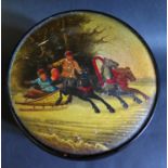 A Russian Khokhloma Painted 'Barrel' decorated with horse drawn sleigh (non opening), 9.5cm high