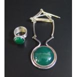 A Danish Silver and Green Stone Ring by N.E. From (size M.5) and matched necklace with import