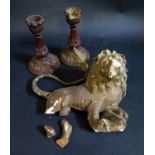 A Carved Gilt Gesso Heraldic Lion (c. 23cm, c. 18th century) and pair of Victorian carved mahogany