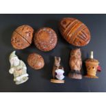 Carved and Pierced Coquilla Nut Eggs, hinged walnut and other oddments