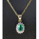 A 9ct Gold, Emerald and Diamond Pendant Necklace, 1.8g